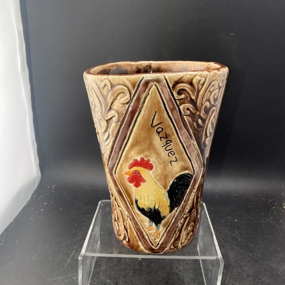 Signed Vazquez Hand Painted Ceramic Rooster Vase Utensil Holder Art Pottery